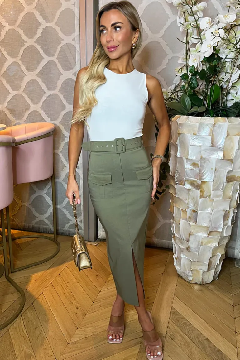 Khaki Belted Cargo Midi Skirt