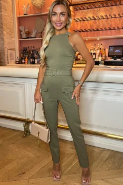Khaki Belted High Neck Cargo Jumpsuit