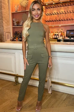 Khaki Belted High Neck Cargo Jumpsuit
