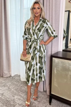 Khaki Brush Stroke Print 3/4 Sleeve Tie Waist Wrap Shirt Midi Dress