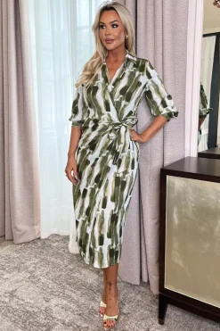 Khaki Brush Stroke Print 3/4 Sleeve Tie Waist Wrap Shirt Midi Dress
