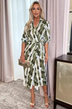 Khaki Brush Stroke Print 3/4 Sleeve Tie Waist Wrap Shirt Midi Dress