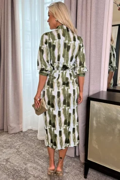Khaki Brush Stroke Print 3/4 Sleeve Tie Waist Wrap Shirt Midi Dress