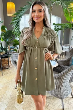 Khaki Button Up Ruched Detail Smock V-Neck Dress