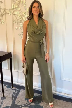 Khaki Cowl Halter Neck Tie Waist Backless Jumpsuit