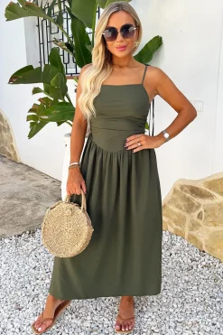 Khaki Drawstring Tie Straps Ruched Top Midi Dress