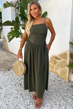 Khaki Drawstring Tie Straps Ruched Top Midi Dress