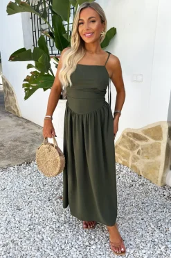 Khaki Drawstring Tie Straps Ruched Top Midi Dress