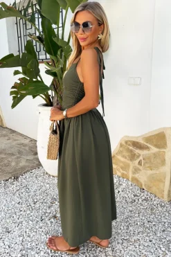 Khaki Drawstring Tie Straps Ruched Top Midi Dress