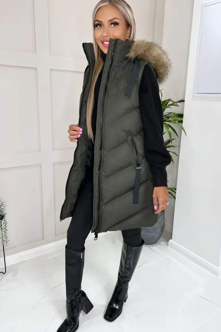 Khaki Faux Fur Hooded Gilet