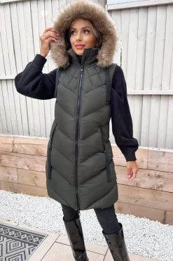 Khaki Faux Fur Hooded Gilet