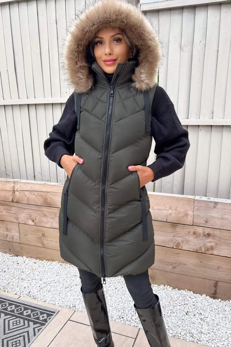 Khaki Faux Fur Hooded Gilet