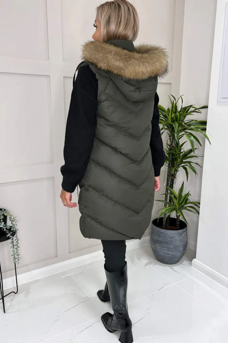 Khaki Faux Fur Hooded Gilet