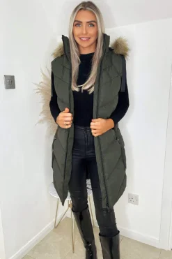 Khaki Faux Fur Hooded Gilet