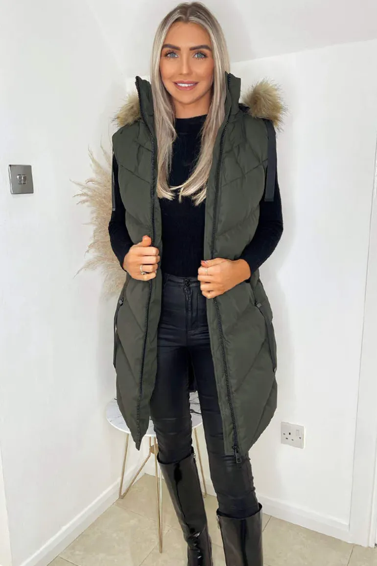 Khaki Faux Fur Hooded Gilet