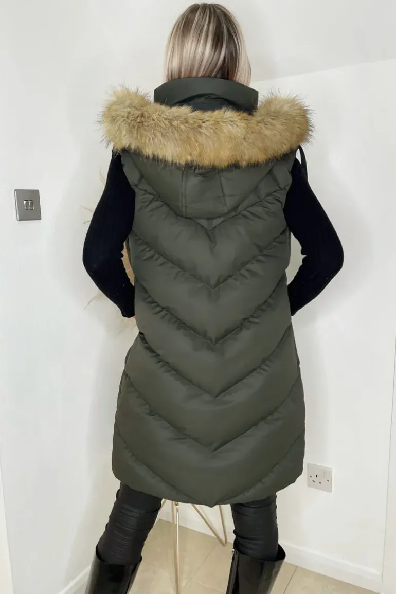 Khaki Faux Fur Hooded Gilet