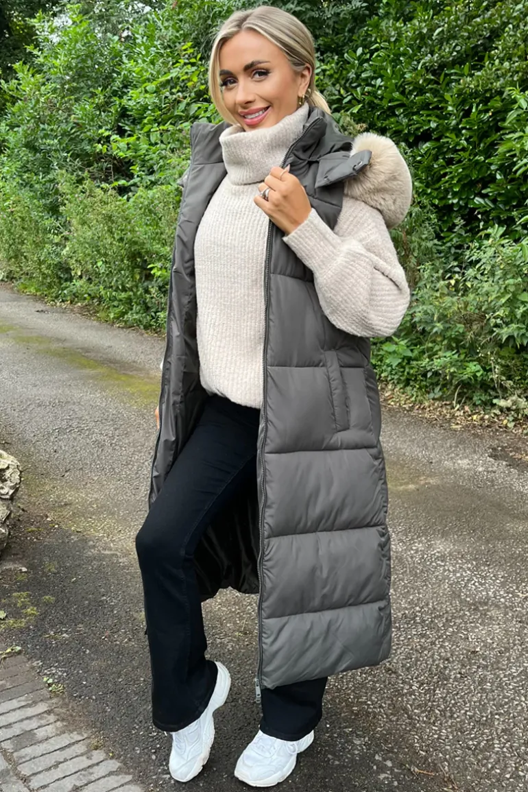 Khaki Faux Fur Hooded Longline Padded Gilet