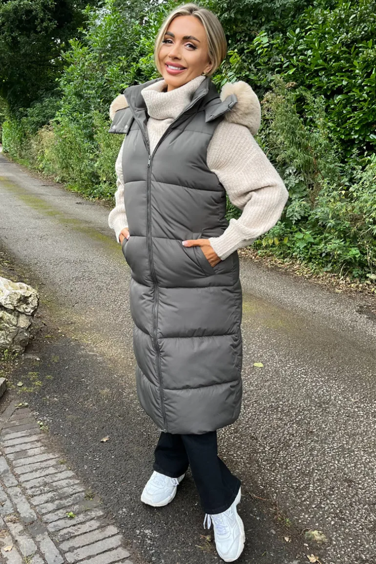 Khaki Faux Fur Hooded Longline Padded Gilet
