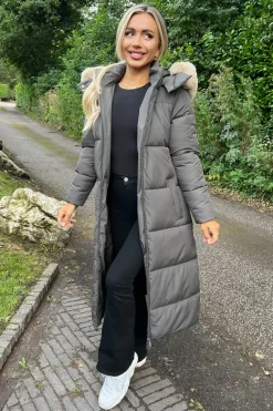 Khaki Faux Fur Hooded Longline Padded Coat