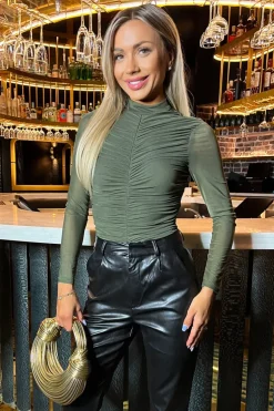 Khaki High Neck Long Sleeve Ruched Mesh Bodysuit