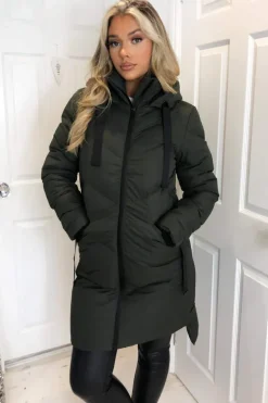 Khaki Hooded Long Line Puffer Coat
