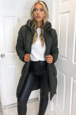 Khaki Hooded Long Line Puffer Coat