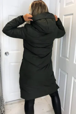 Khaki Hooded Long Line Puffer Coat