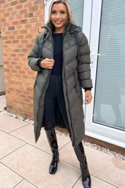 Khaki Hooded Puffer Coat with Zip Front Pockets