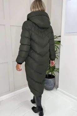 Khaki Hooded Puffer Coat with Zip Front Pockets