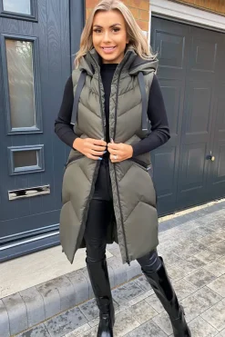 Khaki Hooded Zip Up Gilet