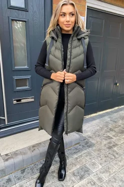 Khaki Hooded Zip Up Gilet