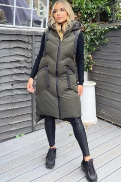 Khaki Hooded Zip Up Gilet