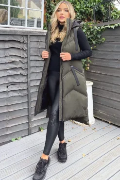 Khaki Hooded Zip Up Gilet