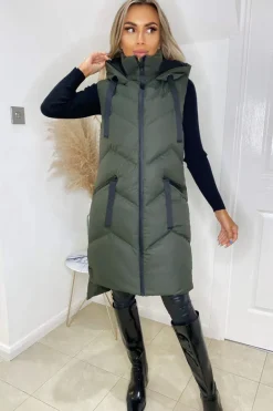 Khaki Hooded Zip Up Gilet