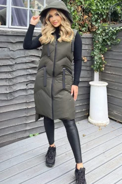 Khaki Hooded Zip Up Gilet
