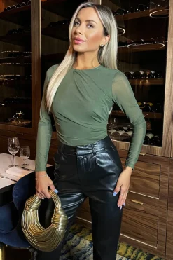 Khaki Long Sleeve Pleat Detail Mesh Bodysuit