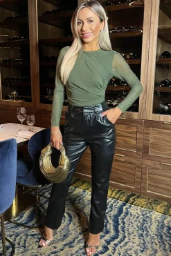 Khaki Long Sleeve Pleat Detail Mesh Bodysuit