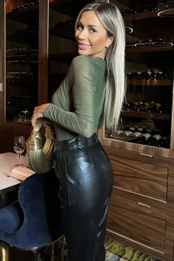 Khaki Long Sleeve Pleat Detail Mesh Bodysuit