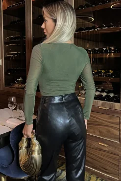 Khaki Long Sleeve Pleat Detail Mesh Bodysuit