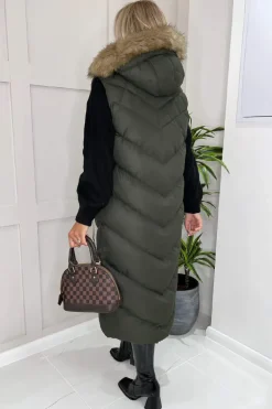 Khaki Longline Faux Fur Hooded Gilet