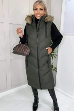 Khaki Longline Faux Fur Hooded Gilet