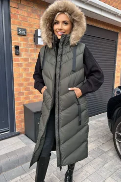 Khaki Longline Faux Fur Hooded Gilet