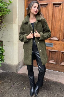 Khaki Longline Teddy Coat