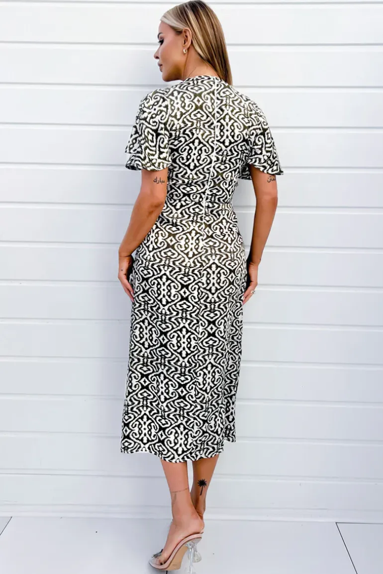 Khaki Printed Bell Sleeve Midi Dress