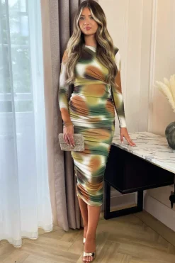 Khaki Printed Long Sleeve Ruched Bodycon Midi Dress