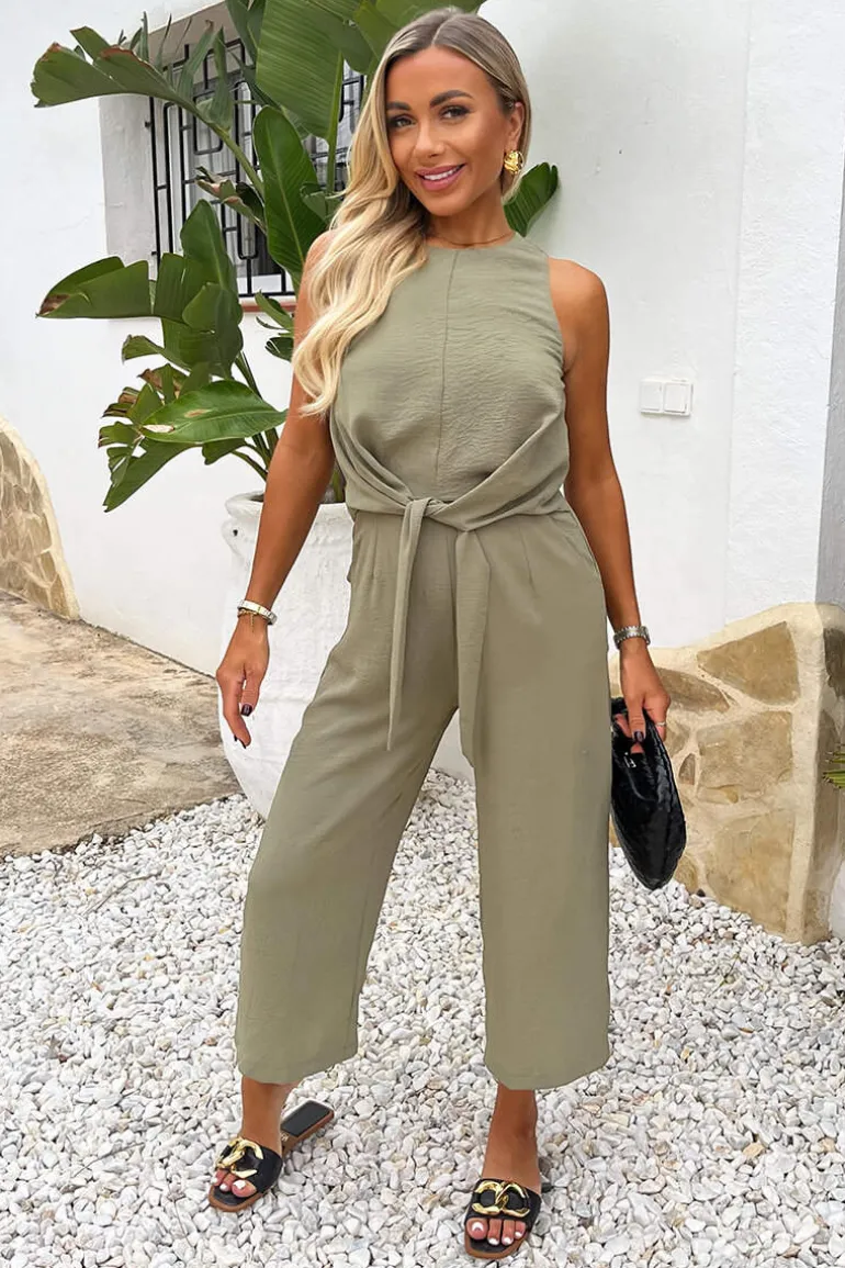 Khaki Racer Neck Tie Waist Jumpsuit