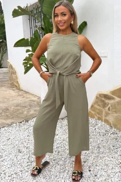 Khaki Racer Neck Tie Waist Jumpsuit