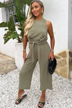 Khaki Racer Neck Tie Waist Jumpsuit