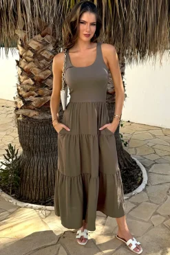 Khaki Round Neck Ribbed Top Tiered Skirt Midi Dress