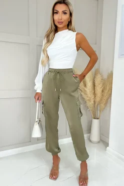 Khaki Satin Cuffed Cargo Pants